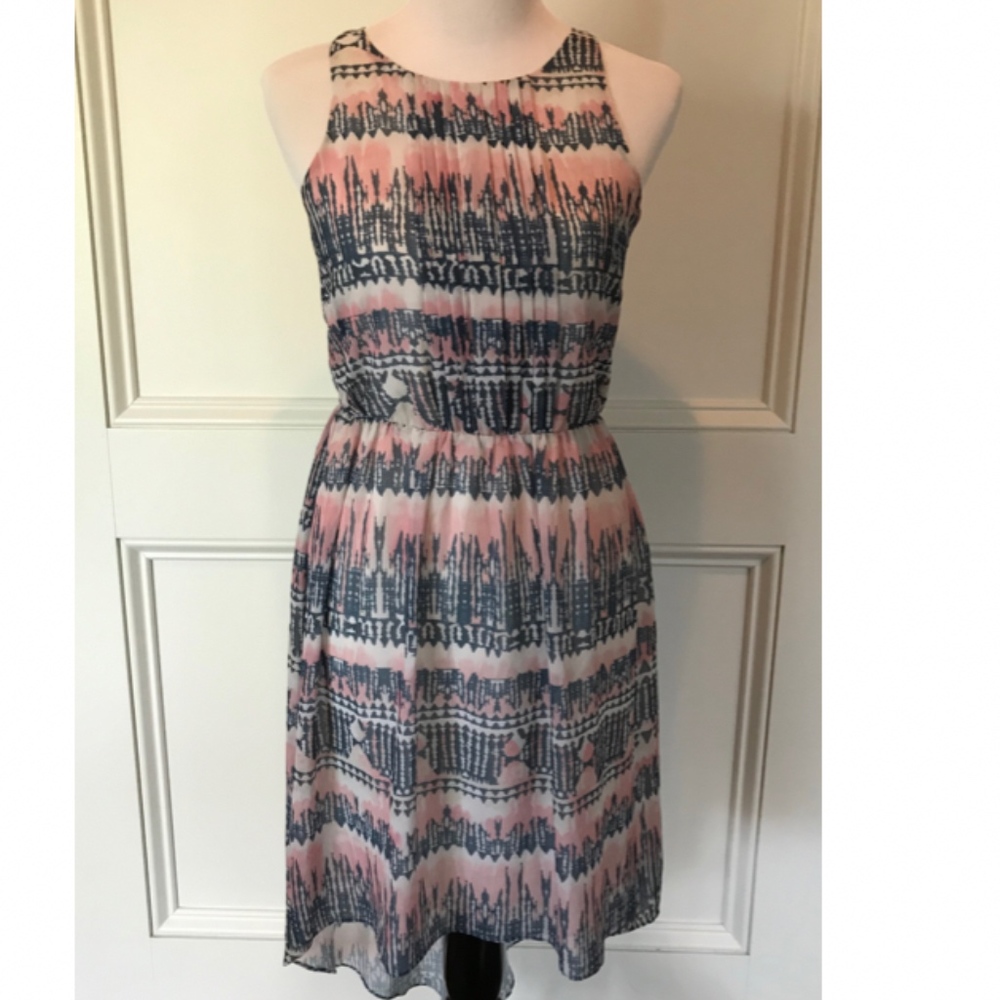 Navy and Pink Patterned High-Low Dress